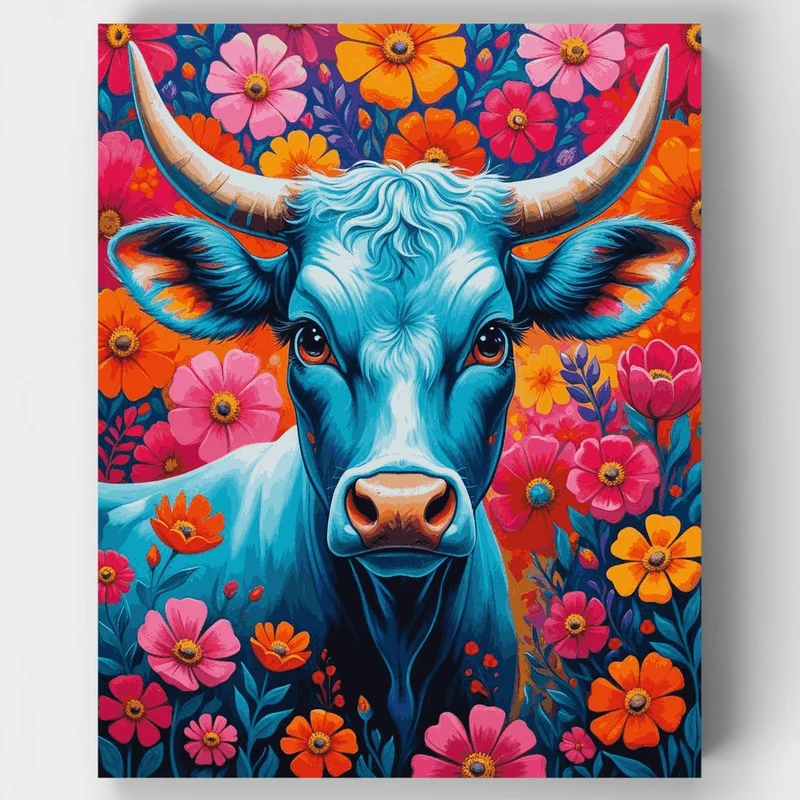 Blue Cow in Vibrant Flower Field - Paint by Numbers Kit
