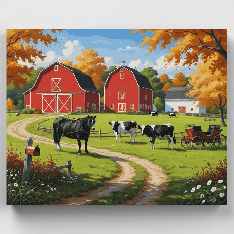 Autumn Farm with Red Barns and Cows - Paint by Numbers Kit