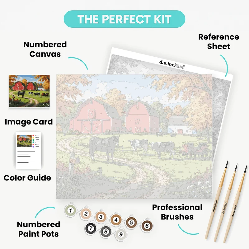Autumn Farm with Red Barns and Cows - Paint by Numbers Kit