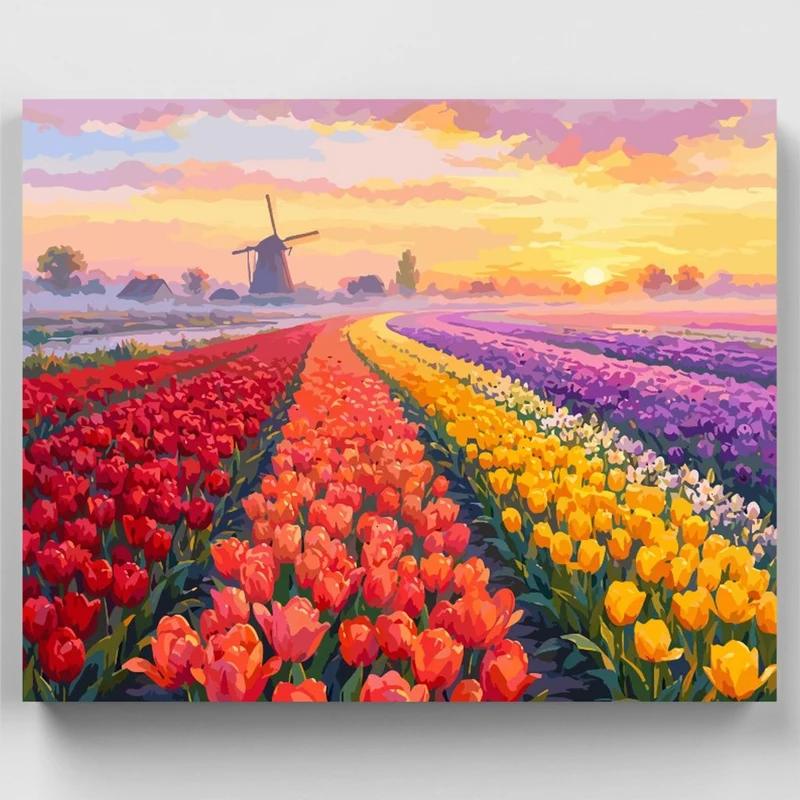 Dutch Windmill Tulip Fields - Paint by Numbers Kit