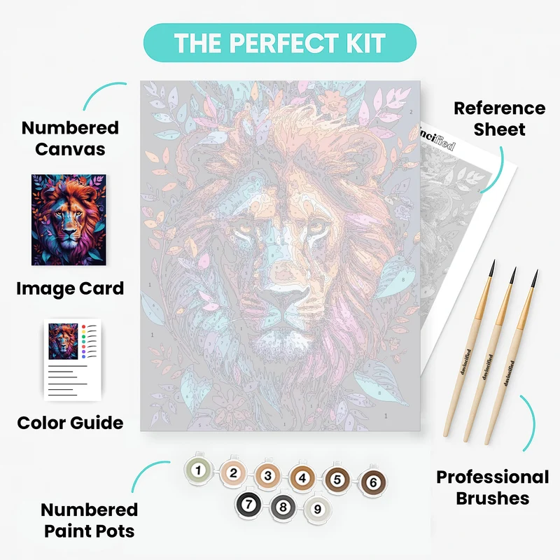 Vibrant Colorful Lion with Floral Mane - Paint by Numbers Kit