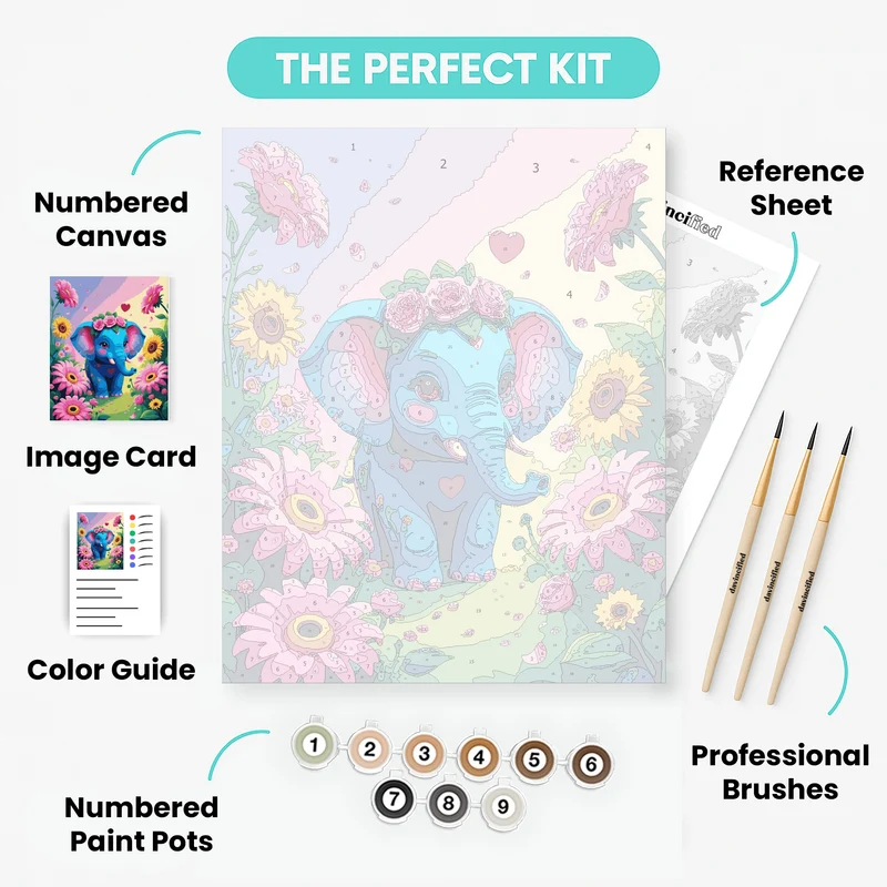 Blue Elephant in Flower Garden - Paint by Numbers Kit