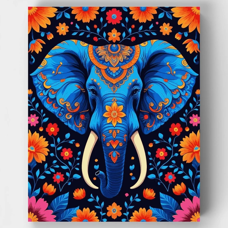 Ornate Blue Elephant with Floral Patterns - Paint by Numbers Kit
