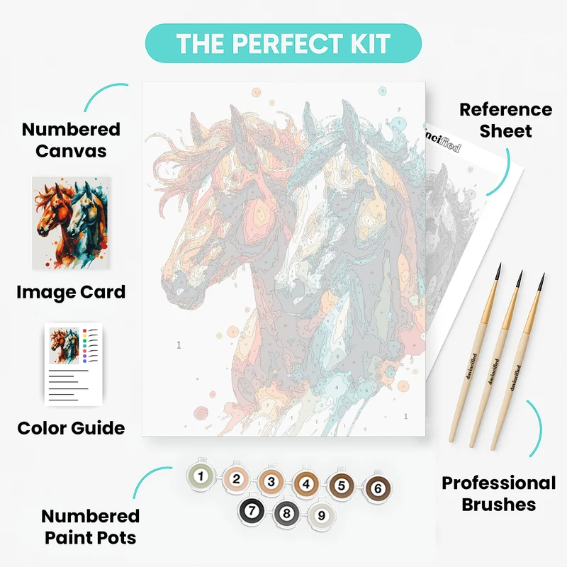 Vibrant Horses in Watercolor Splashes - Paint by Numbers Kit