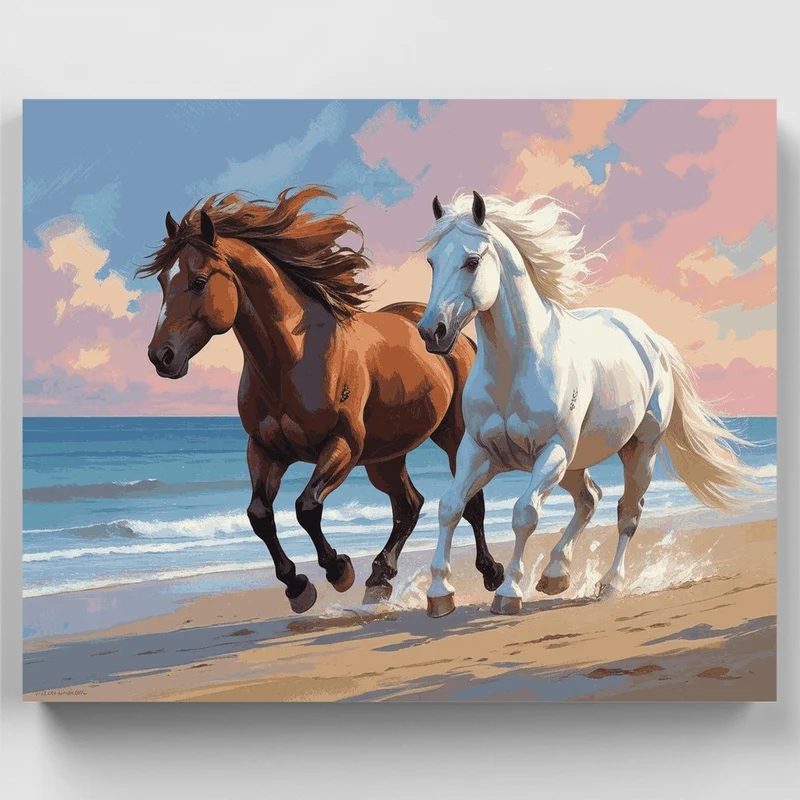 Two Horses Running on Beach - Paint by Numbers Kit