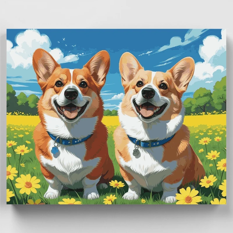 Two Happy Corgis in a Flower Field - Paint by Numbers Kit
