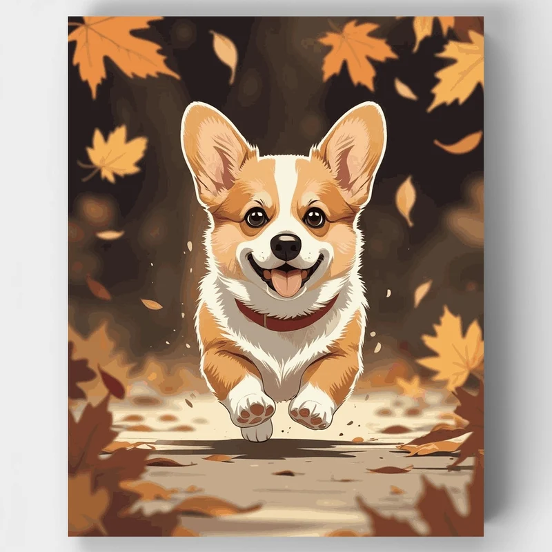 Cheerful Corgi in Autumn Leaves - Paint by Numbers Kit