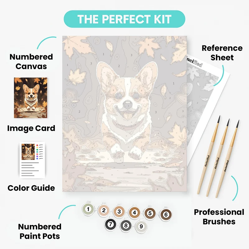 Cheerful Corgi in Autumn Leaves - Paint by Numbers Kit