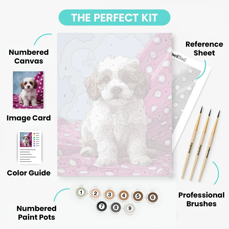Fluffy Cavapoo Puppy on Pink Polka Dots - Paint by Numbers Kit