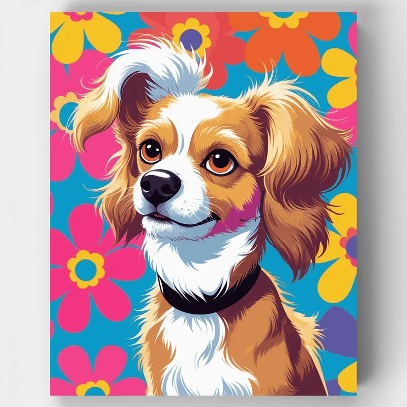 Happy Cavalier King Charles Spaniel with Colorful Flowers - Paint by Numbers Kit
