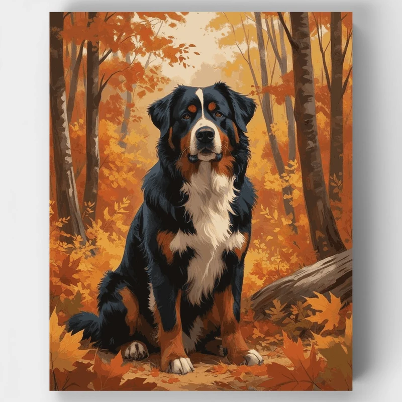 Bernese Mountain Dog in Autumn Forest - Paint by Numbers Kit