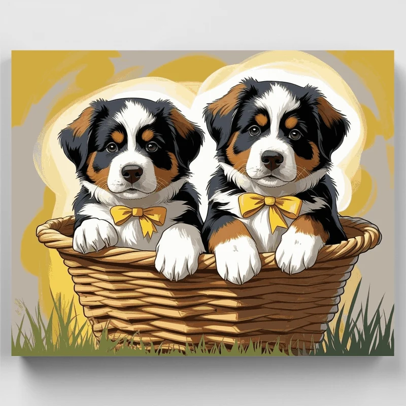 Bernese Mountain Dog Puppies in Basket - Paint by Numbers Kit