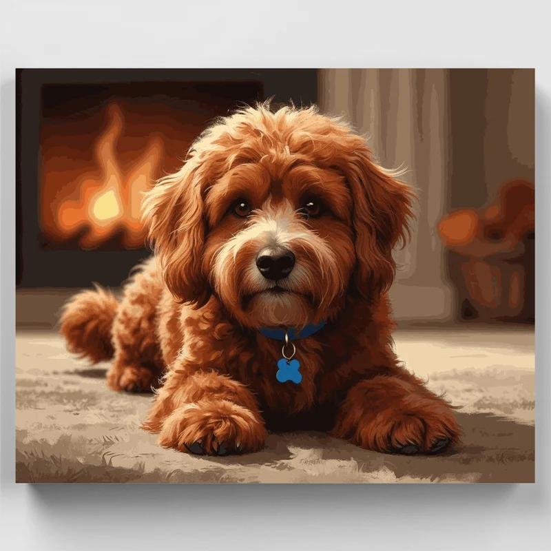 Cozy Cavapoo by the Fireplace - Paint by Numbers Kit