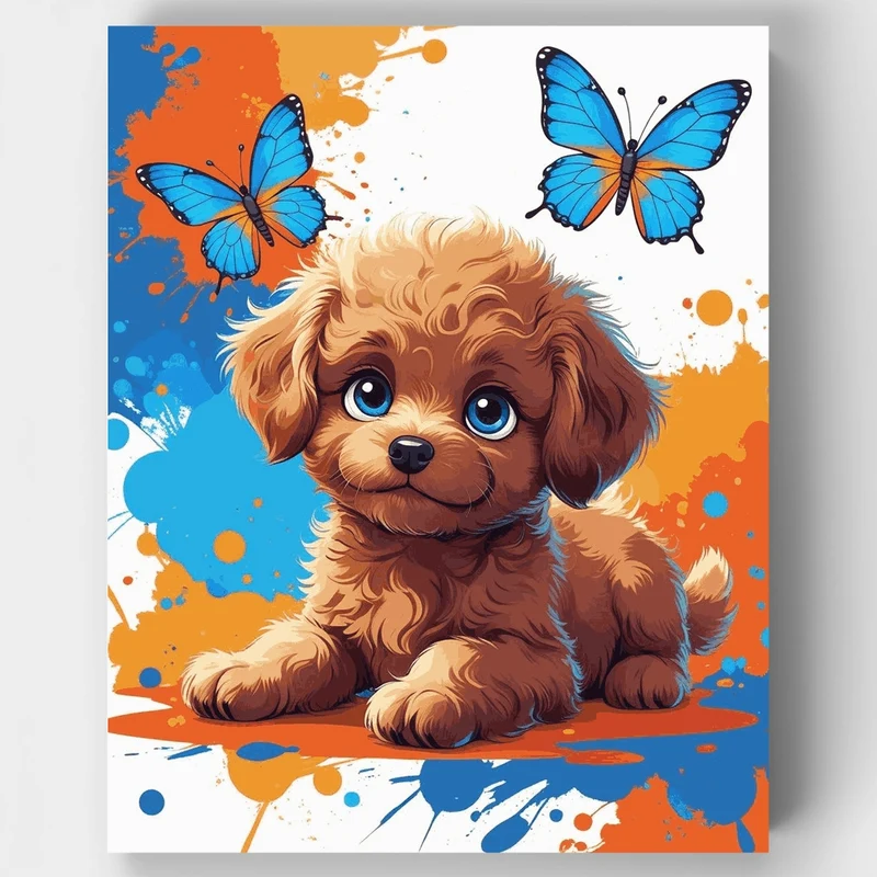 Adorable Poodle Puppy with Blue Butterflies - Paint by Numbers Kit