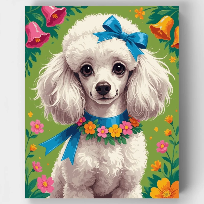 Elegant White Poodle with Blue Bow - Paint by Numbers Kit