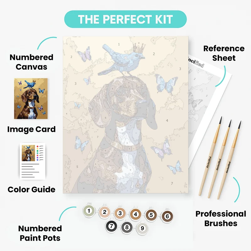 Regal Beagle with Blue Bird and Butterflies - Paint by Numbers Kit