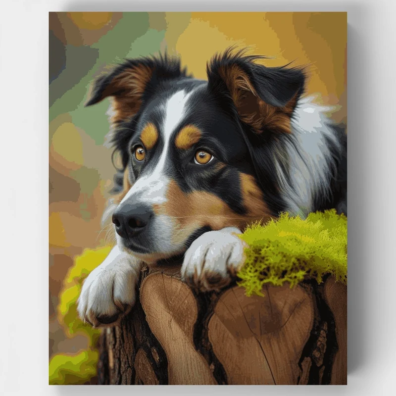 Australian Shepherd on Tree Stump - Paint by Numbers Kit