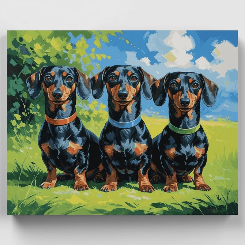 Three Dachshunds in Colorful Collars - Paint by Numbers Kit