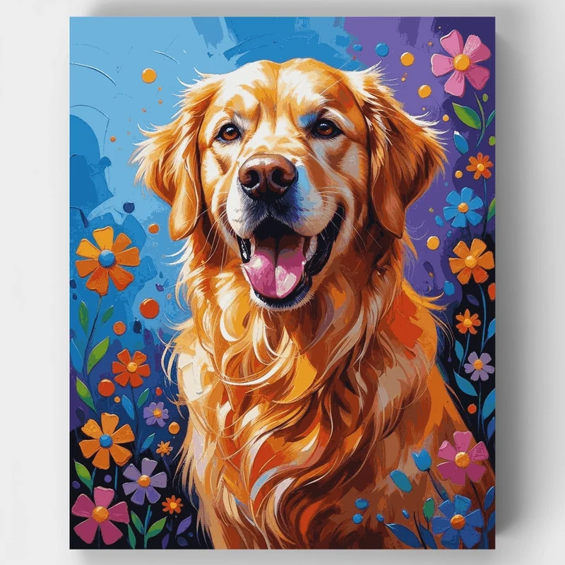 Happy Golden Retriever with Flowers - Paint by Numbers Kit
