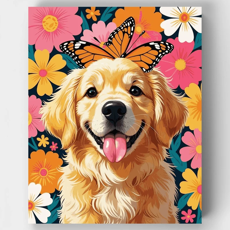 Golden Retriever with Butterfly and Flowers - Paint by Numbers Kit