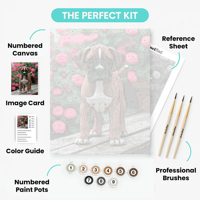 Boxer Puppy in Flower Garden - Paint by Numbers Kit