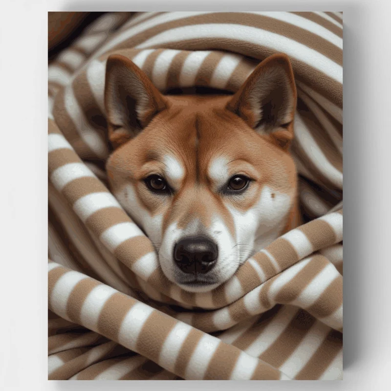 Cozy Shiba Inu in Striped Blanket - Paint by Numbers Kit