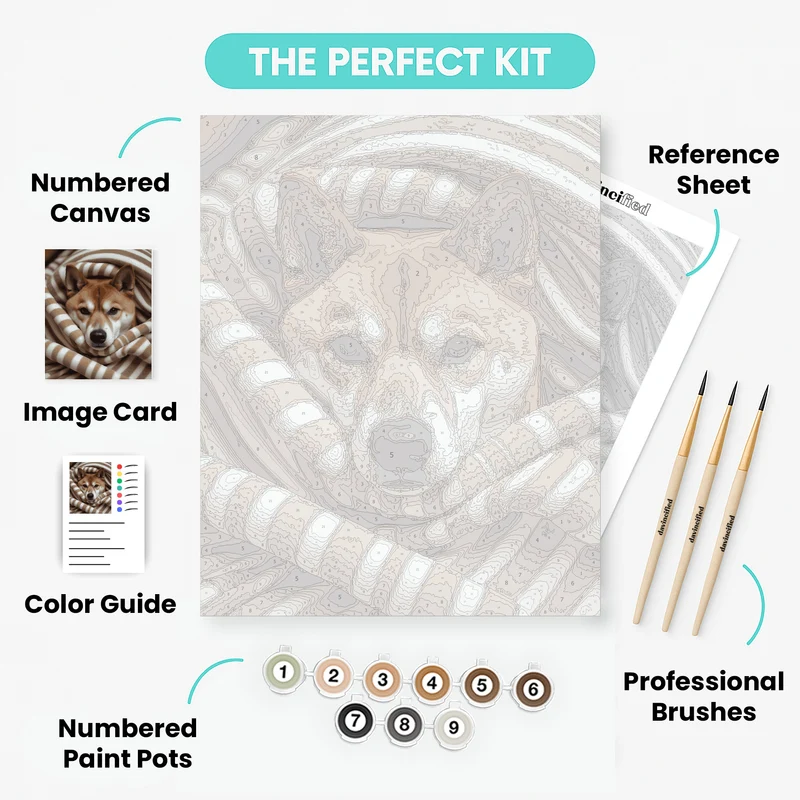 Cozy Shiba Inu in Striped Blanket - Paint by Numbers Kit