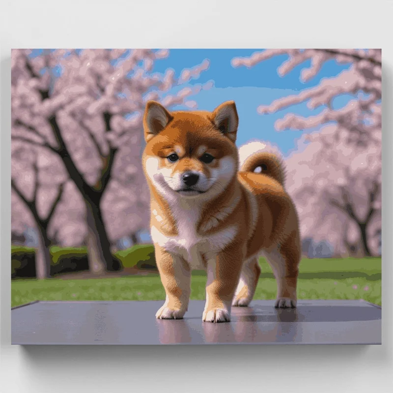 Shiba Inu Puppy Under Cherry Blossoms - Paint by Numbers Kit