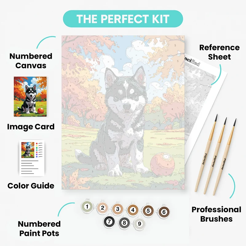Husky Puppy in Autumn Meadow - Paint by Numbers Kit