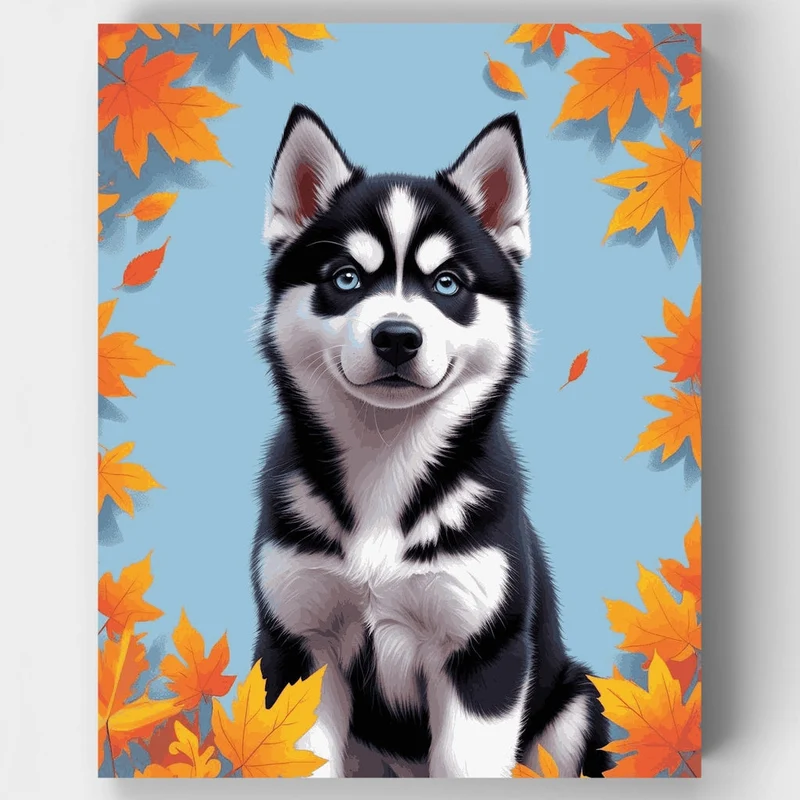 Husky Puppy in Autumn Leaves - Paint by Numbers Kit