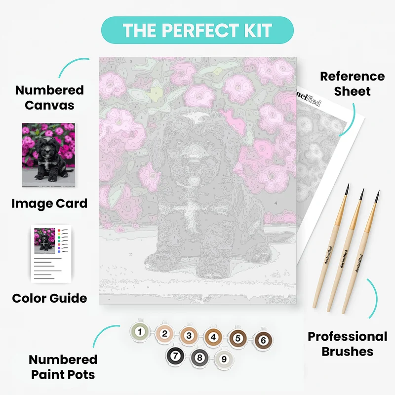 Adorable Black Cockapoo Puppy with Pink Flowers - Paint by Numbers Kit