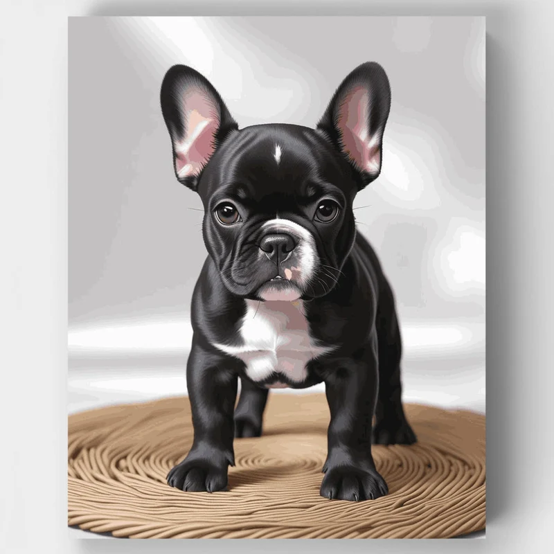 Black French Bulldog Puppy on Woven Mat - Paint by Numbers Kit