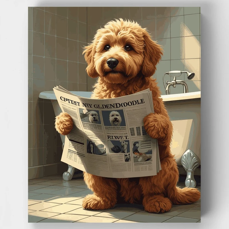 Goldendoodle Reading Newspaper in Bathroom - Paint by Numbers Kit