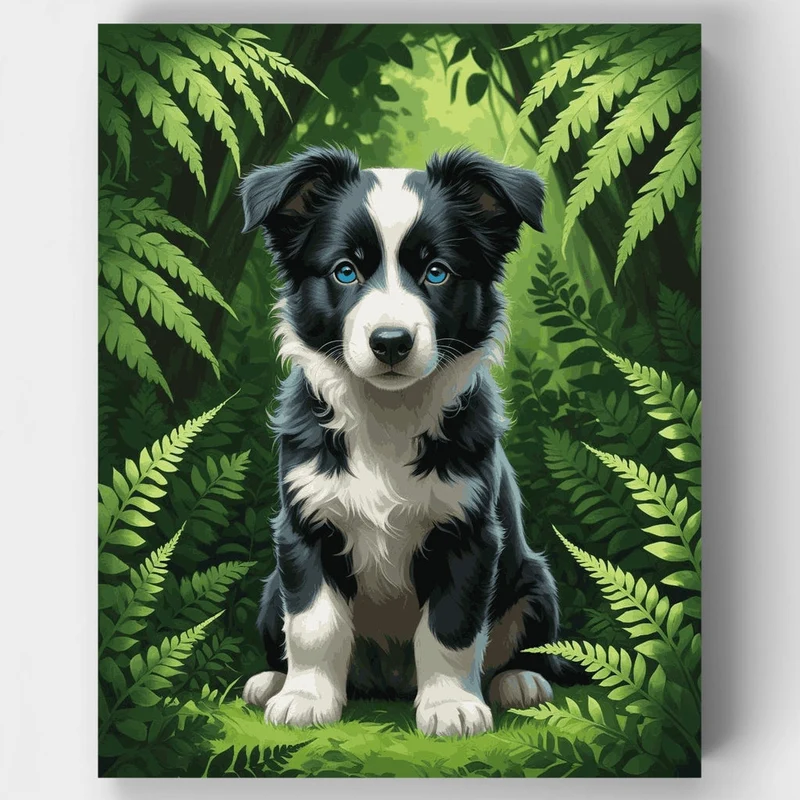 Border Collie Puppy in Ferns - Paint by Numbers Kit