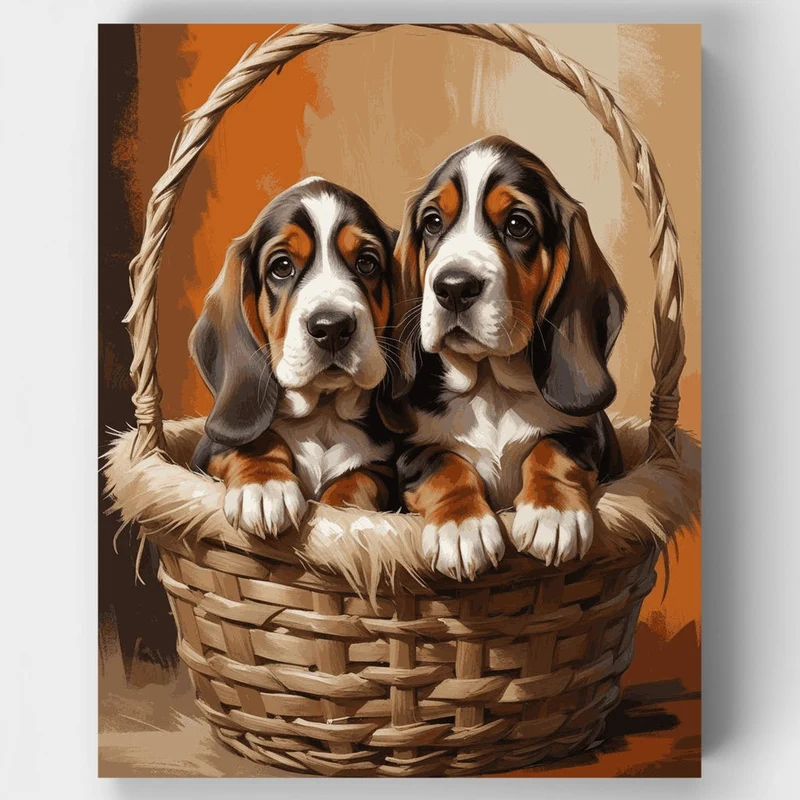 Basset Hound Puppies in Basket - Paint by Numbers Kit