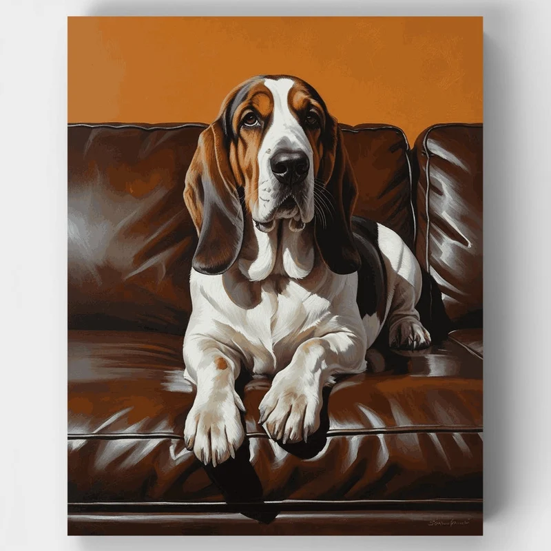 Basset Hound on Brown Leather Couch - Paint by Numbers Kit