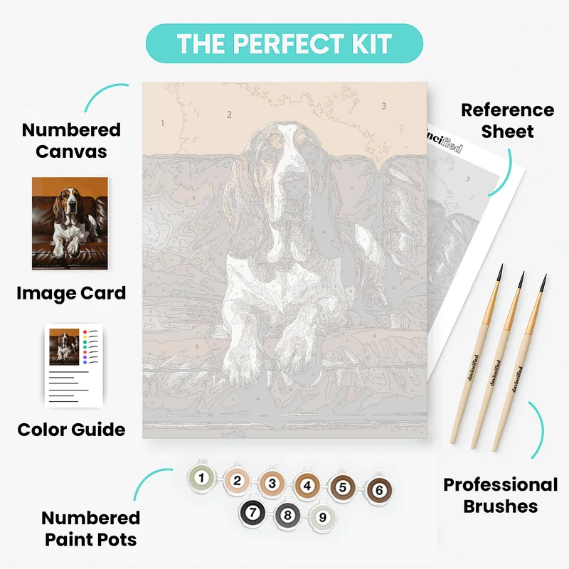 Basset Hound on Brown Leather Couch - Paint by Numbers Kit