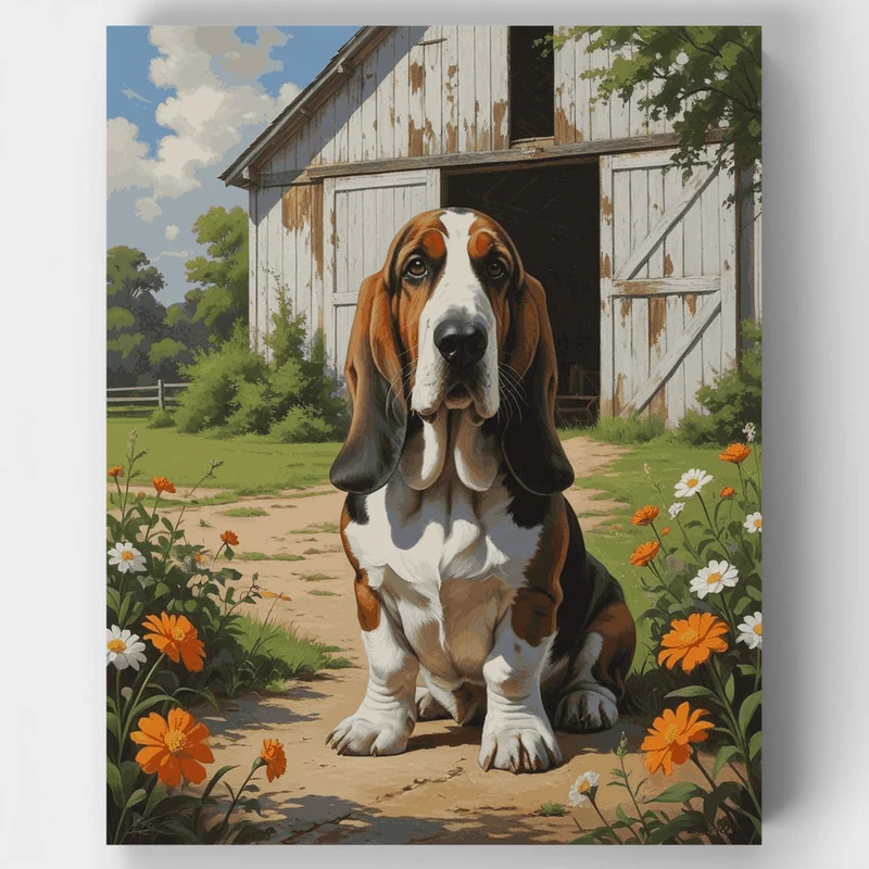 Basset Hound by the Barn - Paint by Numbers Kit