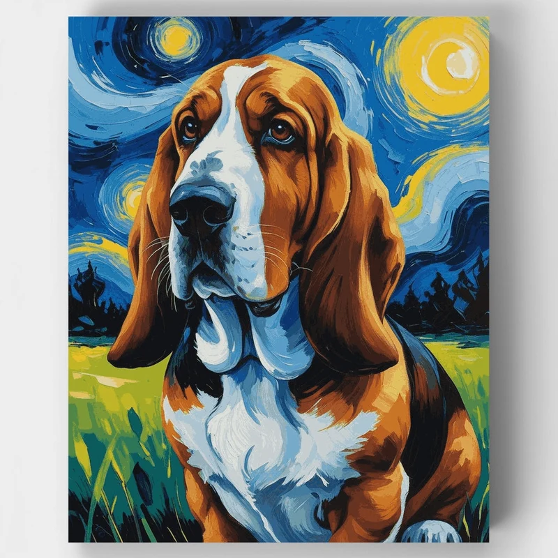 Basset Hound in Starry Night Style - Paint by Numbers Kit