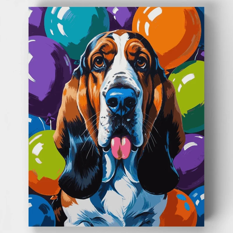 Basset Hound with Colorful Balloons - Paint by Numbers Kit