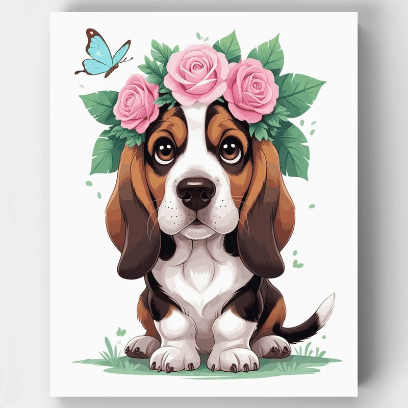 Beagle Puppy with Roses and Butterfly - Paint by Numbers Kit
