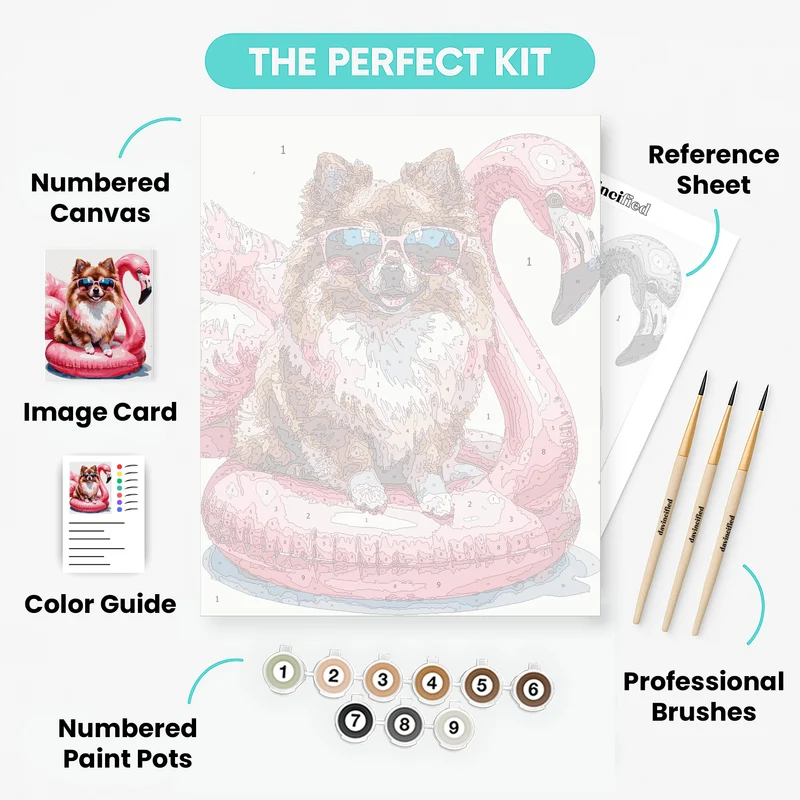 Pomeranian on Flamingo Pool Float - Paint by Numbers Kit