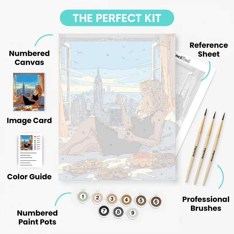 Woman Enjoying Morning Coffee with NYC Skyline View - Paint by Numbers Kit