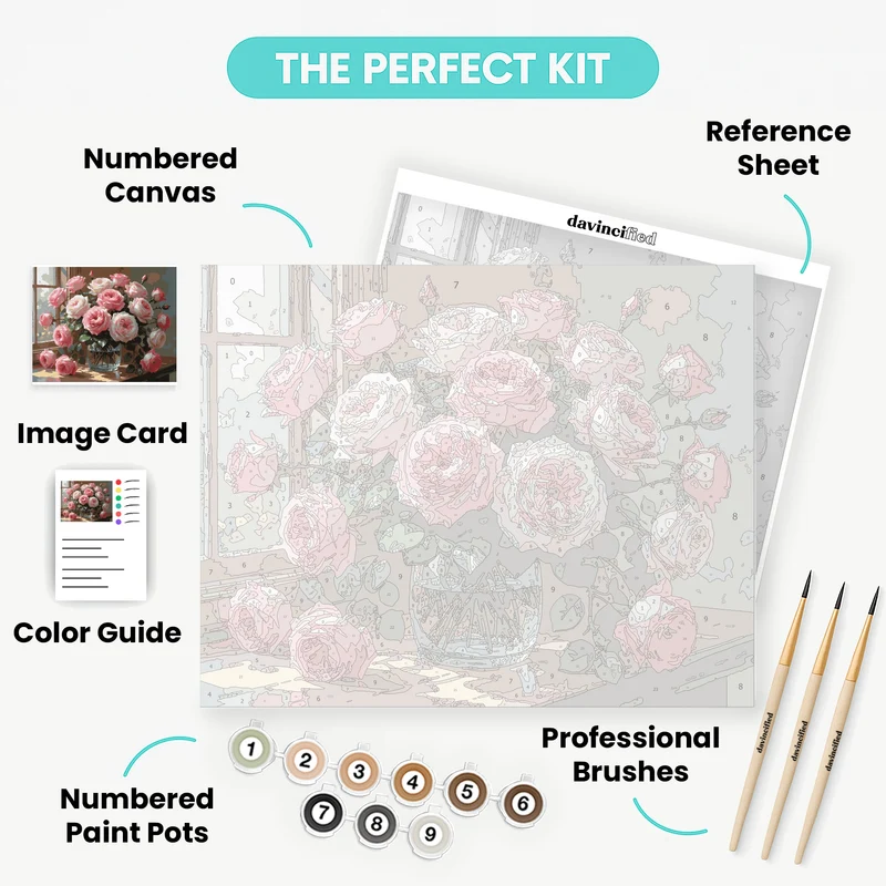 Pink Roses in Glass Vase by Window - Paint by Numbers Kit