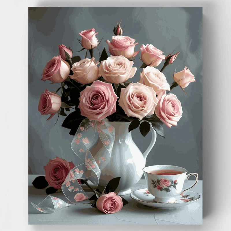 Pink Roses Tea Time Still Life - Paint by Numbers Kit