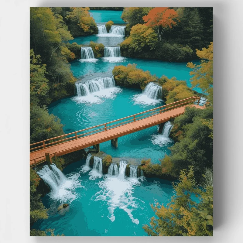 Plitvice Lakes Wooden Bridge Waterfalls - Paint by Numbers Kit