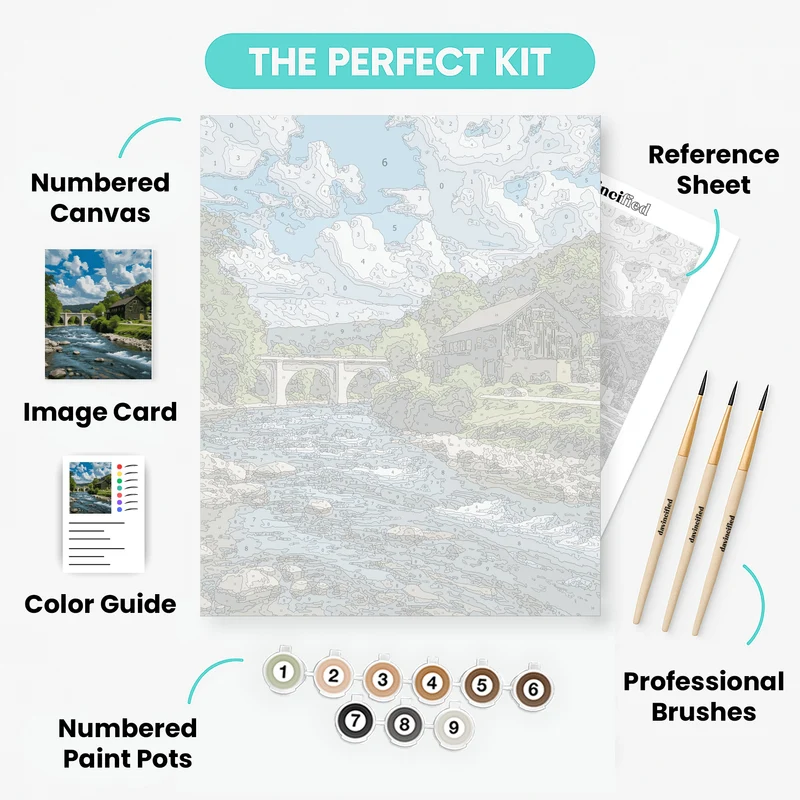 Scenic River Mill with Stone Bridge - Paint by Numbers Kit