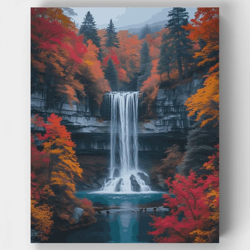 Autumn Waterfall in Mountain Forest - Paint by Numbers Kit