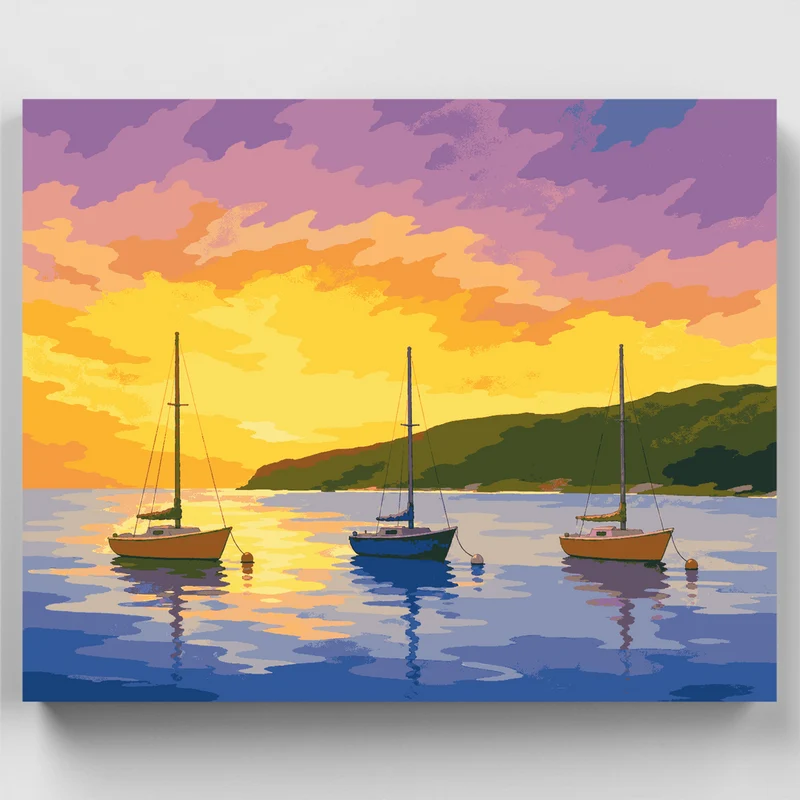 Three Boats at Sunset - Paint by Numbers Kit