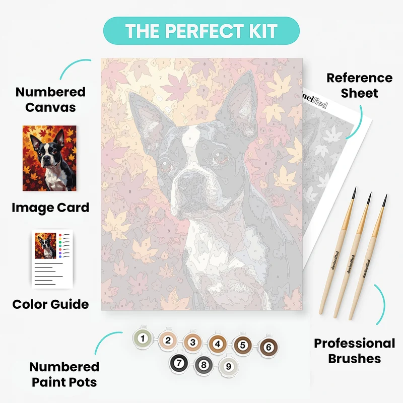 Boston Terrier in Autumn Leaves - Paint by Numbers Kit